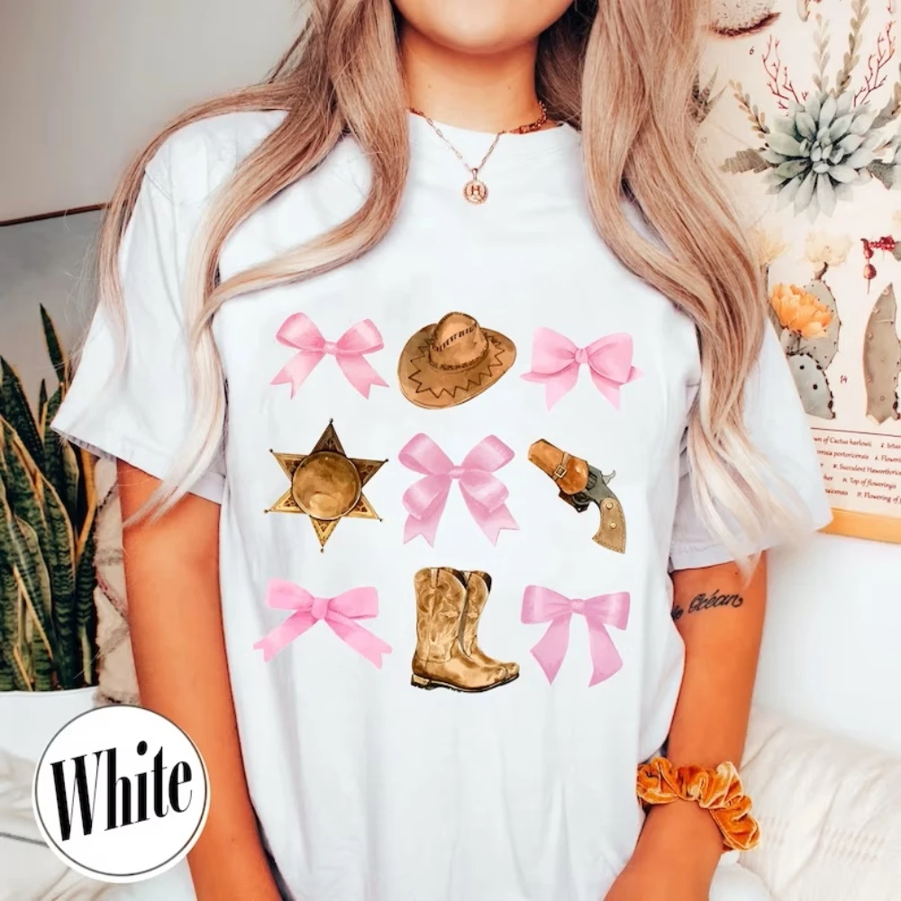 

Y2k Coquette Cowgirl Shirt Soft Girl Era Bows Cowgirl Tee Pink Bow Coquette Girly Oversized Soft Girl Aesthetic Kawaii Clothes