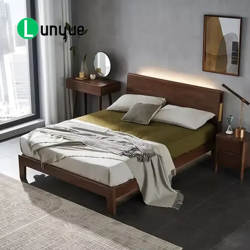 Contemporary Solid American Black Walnut Bed with LED Lights Luxury Bedroom Furniture Customizable Logo for Modern Home Decor