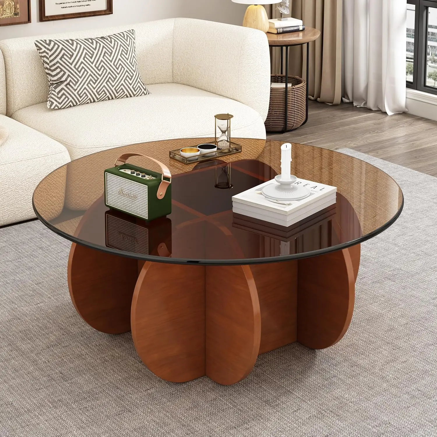 31.5" Mid-Century Modern Round Coffee Table - Tempered Glass Top with Sturdy Wood-Inspired Base,  (Brown+Browm)