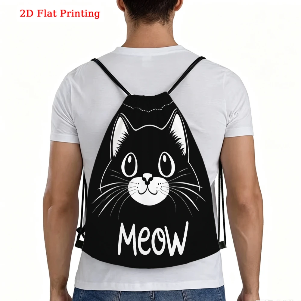 Cute Cartoon Style, Drawstring Backpack, Black Cat Meow 2D Flat Printing, Fitness Sports Bag, Outdoor Travel Drawstring Pack