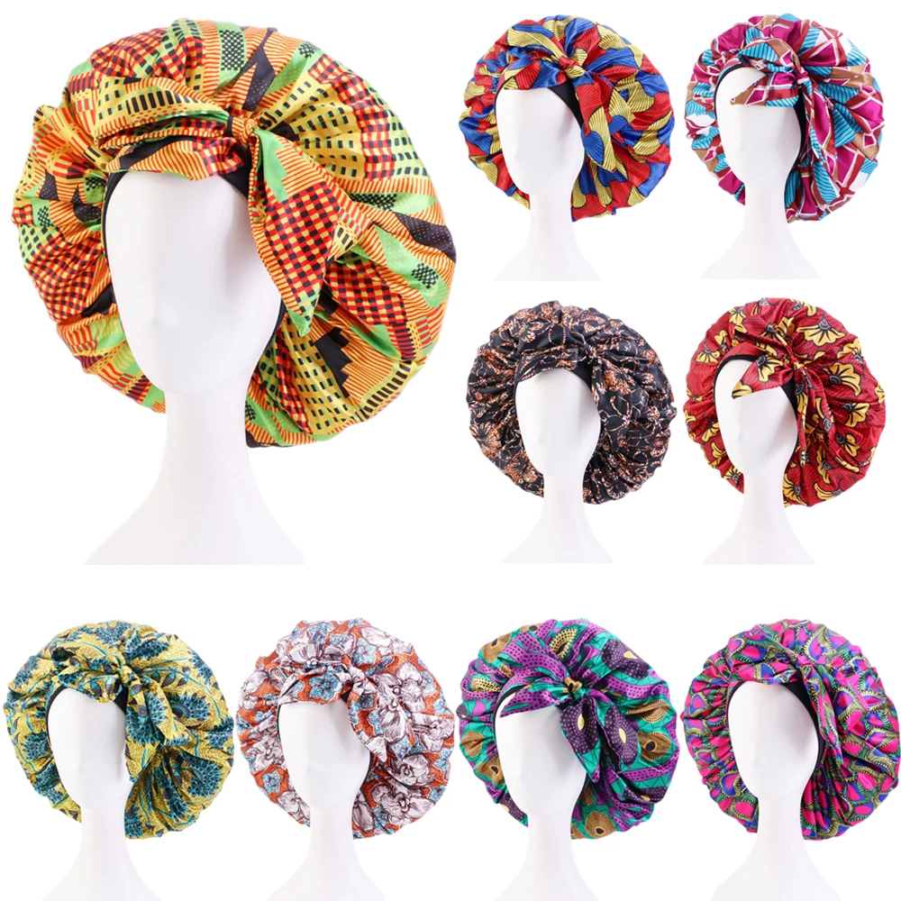 Extra Large African Pattern Print Satin Bonnet Women Night Sleep Cap Adjustable Wide Band Elastic Head Wrap Hair Bonnet Cap