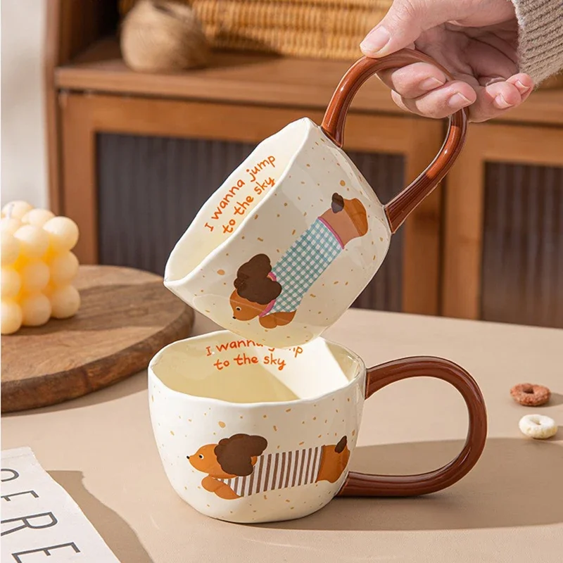 300ml Ceramic Mug Streak Puppy with Pattern Big Ears Ceramic Coffee Mug with Handle Breakfast Cup Milk Coffee Cup for Summer