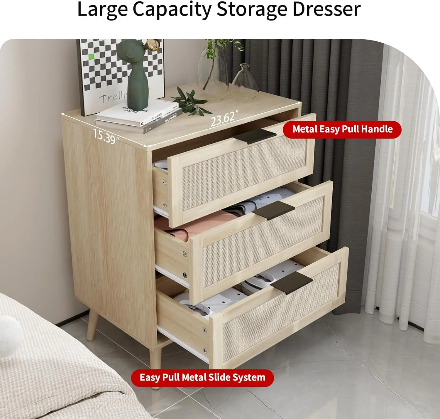 3 Rattan Drawers Dresser For Bedroom, Wood Chest Of Drawers, Modern Accent Storage Cabinet, Wicker Boho Nightstand For Living