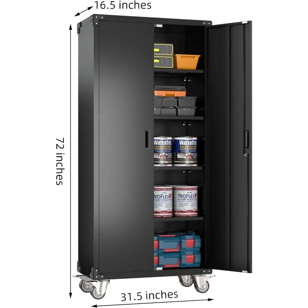 Armoire de rangement de garage en métal avec roues, armoire de rangement verrouillable avec 4 étagères, rangement d'outils roulants sur roues, 72 amaran