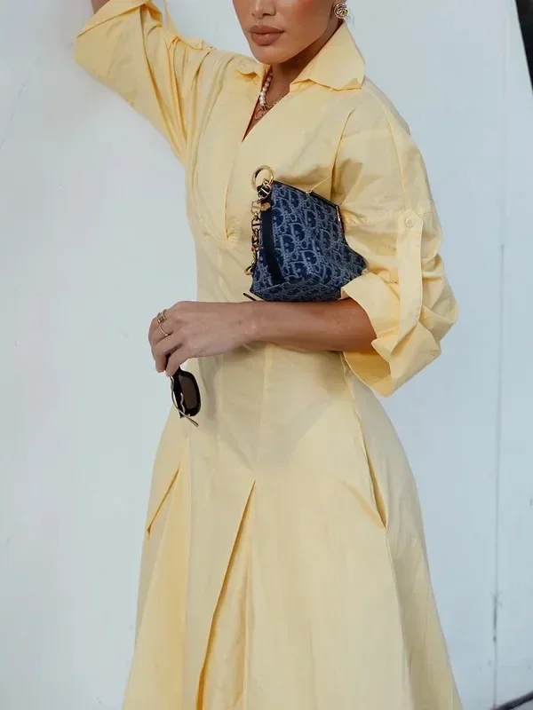 Women's Spring Autumn V-neck Maxi Dresses 2025 New Vocation Evening Birthday Wedding A-Line Shirts Long Dress for Office Ladies