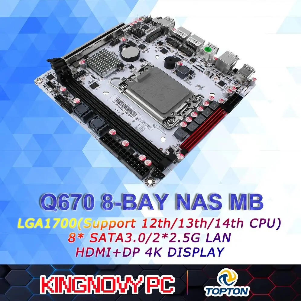 

Материнская плата Q670 NAS Mini ITX с 8 отсеками (LGA1700, 12-/13/14-го поколения. Настольный процессор) 2*U-DIMM DDR5 3*M.2 NVMe, 8*SATA 3*USB3.2