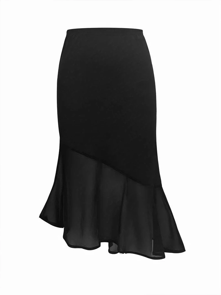 

Black asymmetrical hollow out mid length skirt - high waist design, elegant cut | Spring and summer outfit, suitable for dating