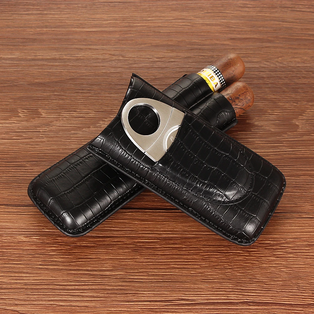 GALINER Genuine Leather Cigar Case with Guillotine Cutting Tool Portable Traveling Cigar Humidor Fit for 2 Pieces Cigar