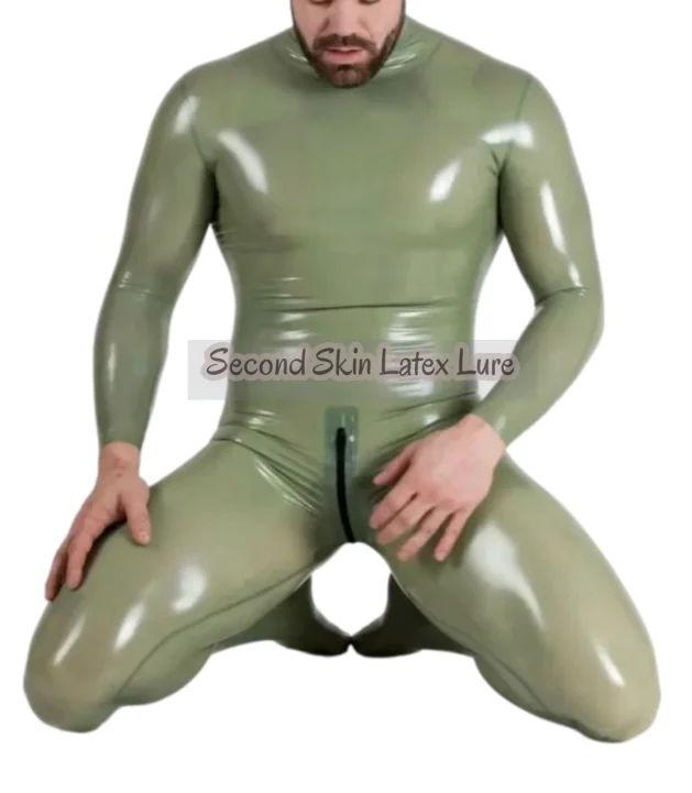 Neck Entry Latex Catsuit Crotch Zip Only Attached Socks Rubber Latex Bodysuit Halloween Cosplay
