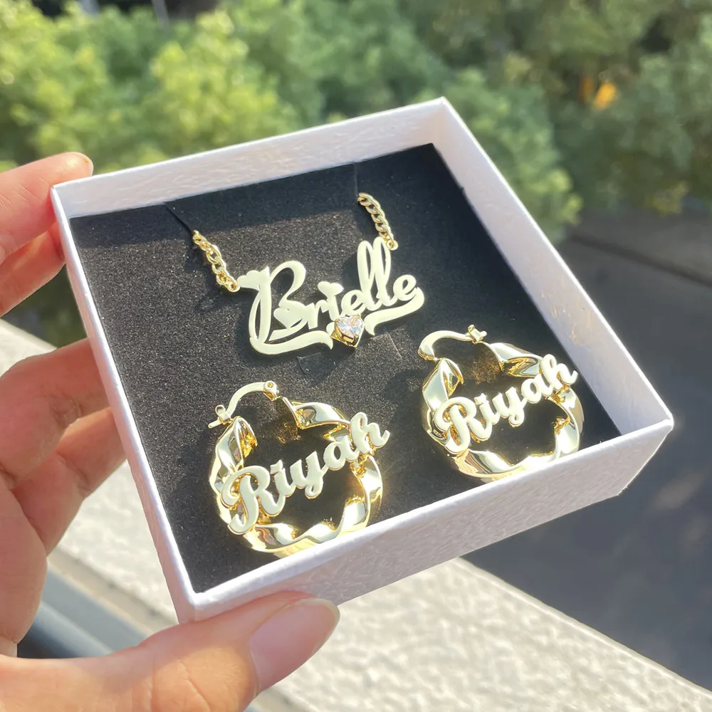 Lulu\'s Heart Zircon Custom Name Jewelry Set for Girls Women 30mm Twist Hoop Earrings Cute Personality Nameplate Necklace Gift