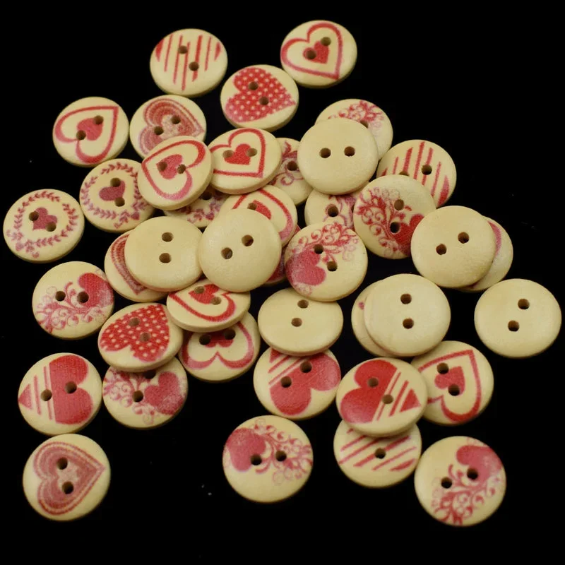 Red Heart Wooden Buttons for Handwork, Sewing Scrapbook, Clothing Crafts, Wedding, Christmas, 15mm, 20mm, 50P