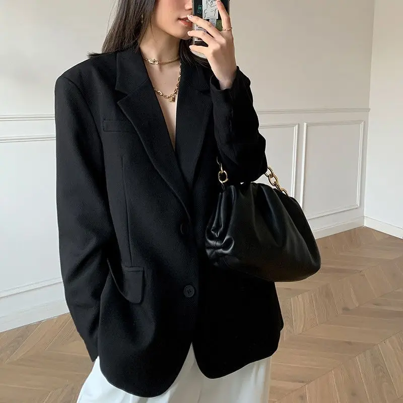 Black Blazers Women Loose Solid Outwear Temper British Style Casual Ulzzang Fashion Classic All-match Unisex Streetwear Retro