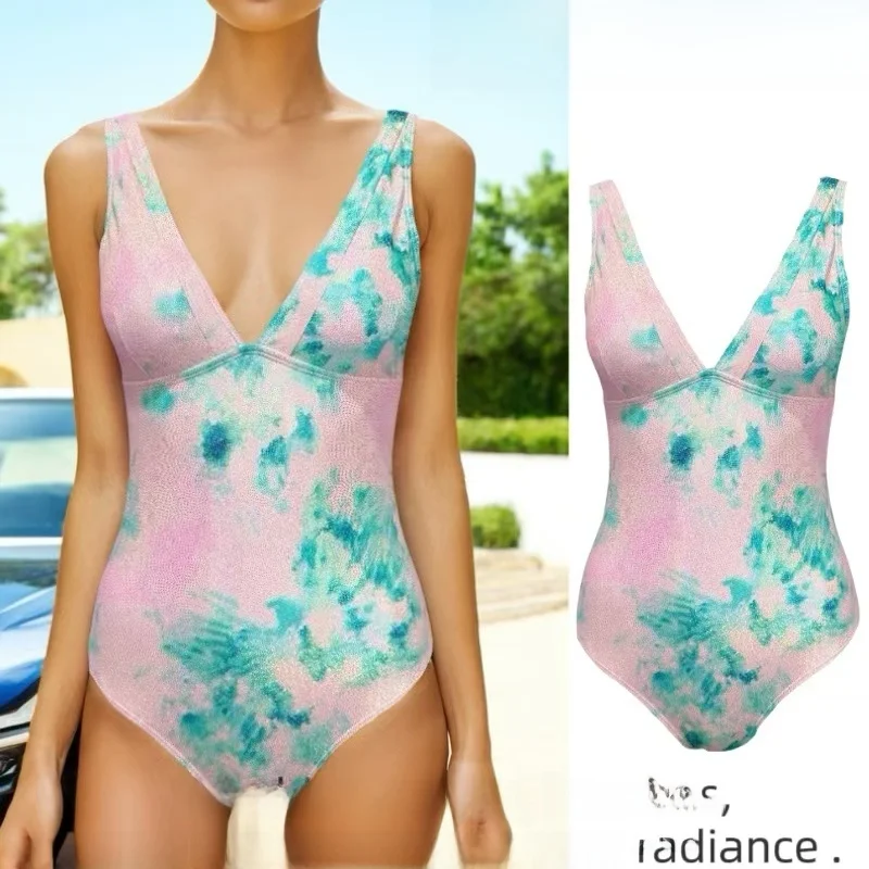 

Amber New Advanced Gold Stamp iny Women's One-Piece Swimsuit Sexy Deep V Ne Beautiful Ba with Chest Pad e Design
