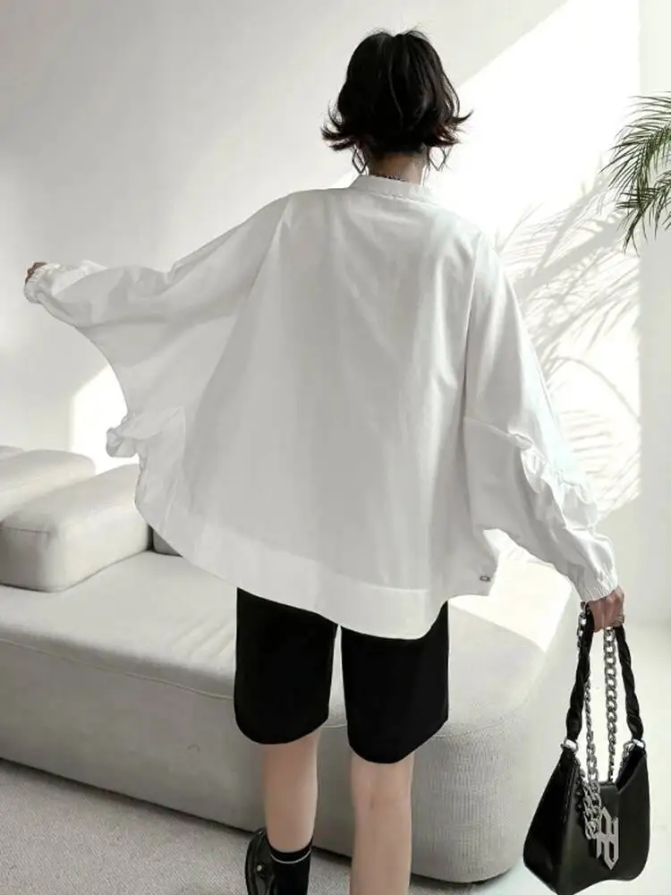 Women White Big Irregular Casual Blouse New Stand Collar Long Sleeve Loose Shirt Fashion Tide Spring Autumn