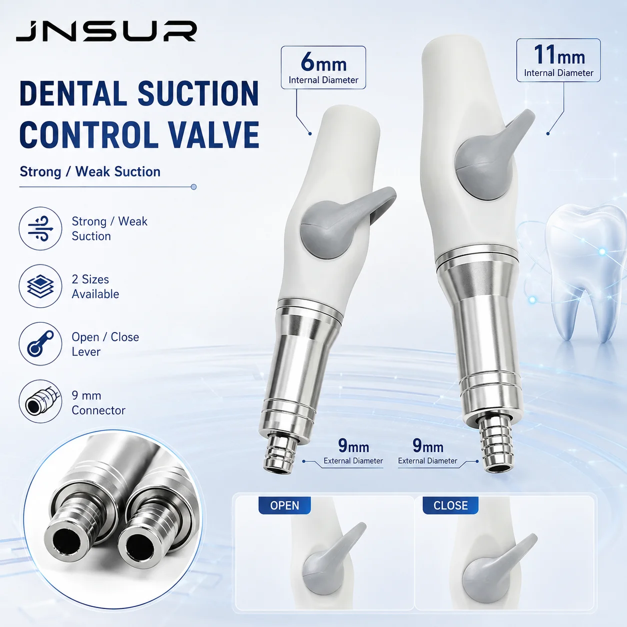 JNSUR Dental Suction Control Valve Strong Weak Suction Adjustable Open Close Lever 6mm 11mm Internal Diameter 9mm Connector