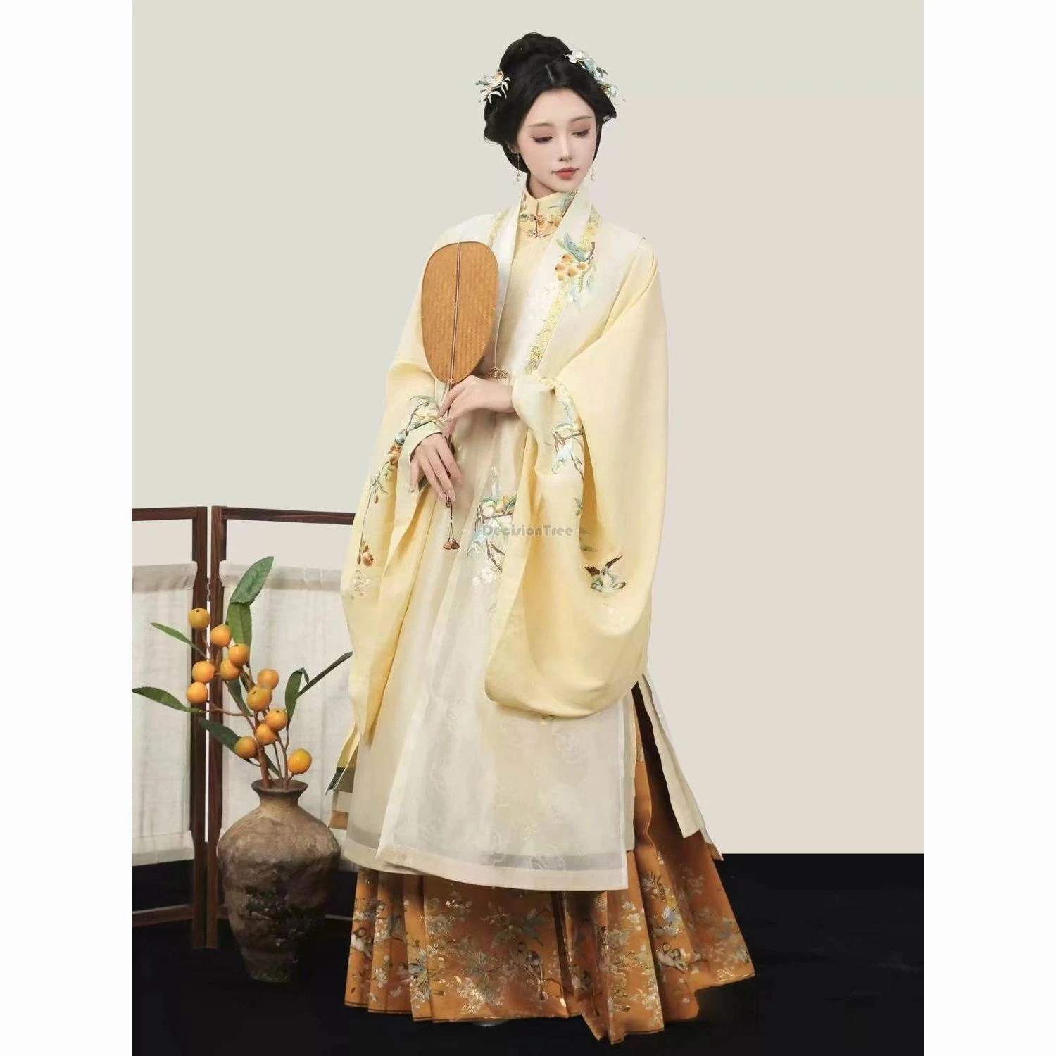 2024 new chinese stand collar big sleeve blouse pleated skirt v-neck vest retro ming dynasty embroidery hanfu set for women b169