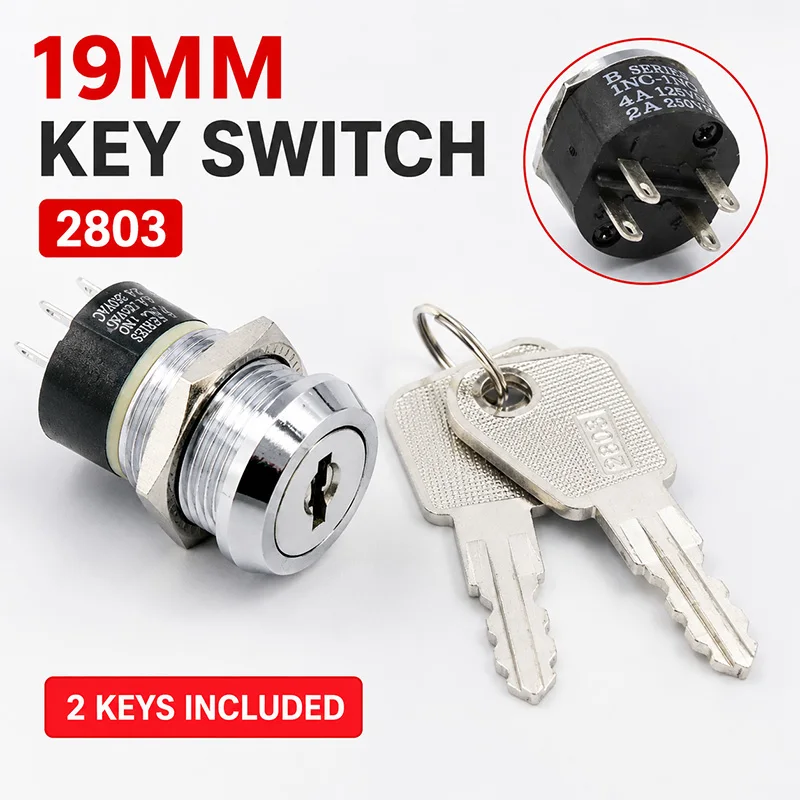 19mm Metal Electronic Key Switch Lock 4Pin ON OFF 2 Position DPST 2803 Panel Mount Power Control 1 or 5 Sets with Pullout Keys