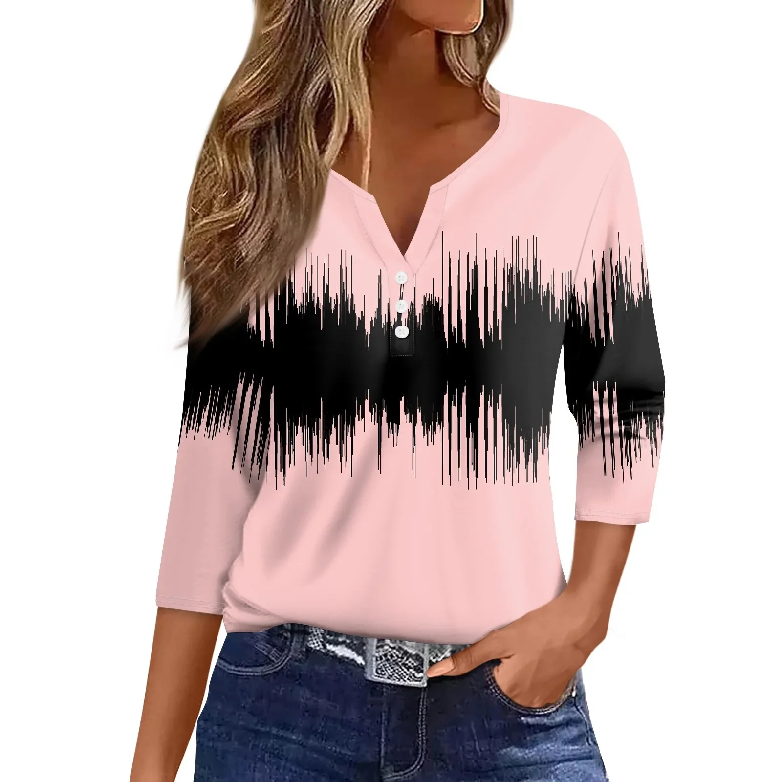 

Women'S T Shirt Tee Print Button 3/4 Sleeve Daily Weekend Fashion Basic V- Neck Regular Top Roupas Femininas Ropa Mujer