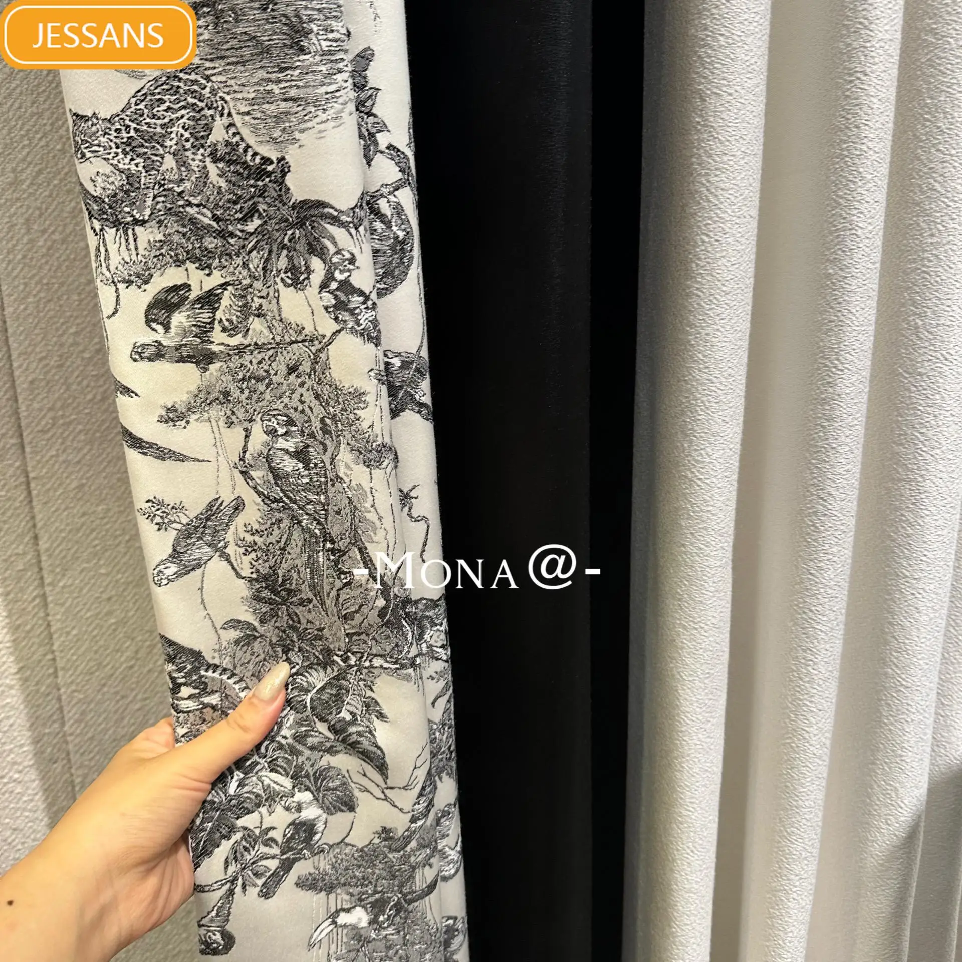 High-end Black and White Jungle Jacquard Chenille Thickened Splicing Curtains for Living Room and Bedroom Customized Partition