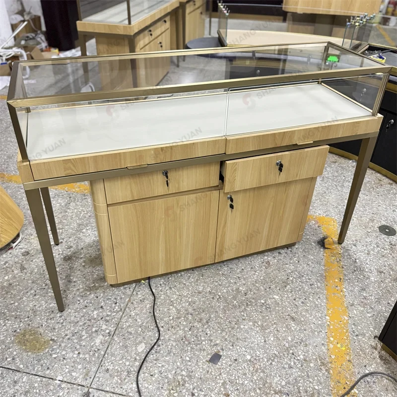 custom.Modern Wooden Jewelry Showcase Display Cabinet with LED Lighting Glass Top Luxury Jewelry Display Boutique Store