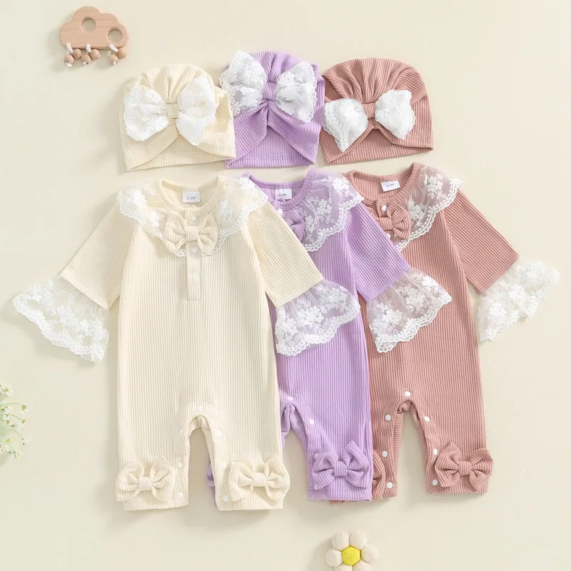 RUEWEY Newborn Baby Girl Lace Trim Romper Spring Autumn Clothes Long Sleeve Bow Jumpsuit with Turban Hat Baby Clothing