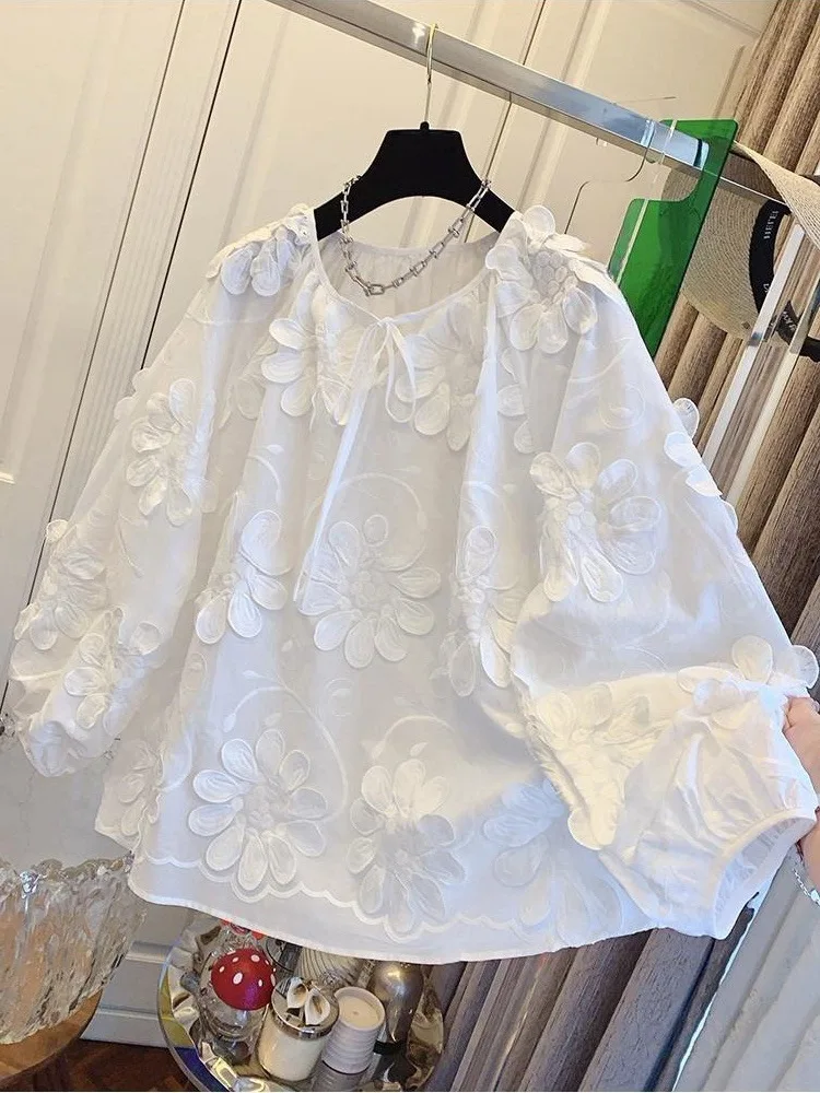 

French Embroidered Lace Flower White Shirt Babydoll Long-sleeve Spring And Autumn Loose Women's Tops Boho Holiday Beach Blouse