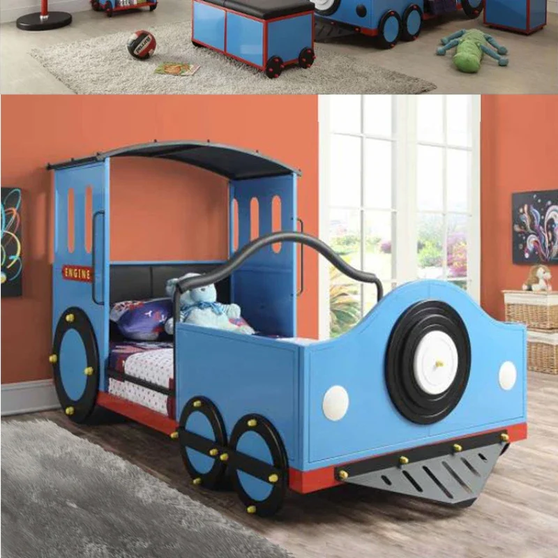 Children's Upper and Lower Bunk Thomas Train Shape Double Layer Iron Bed Blue Teenagers Bed