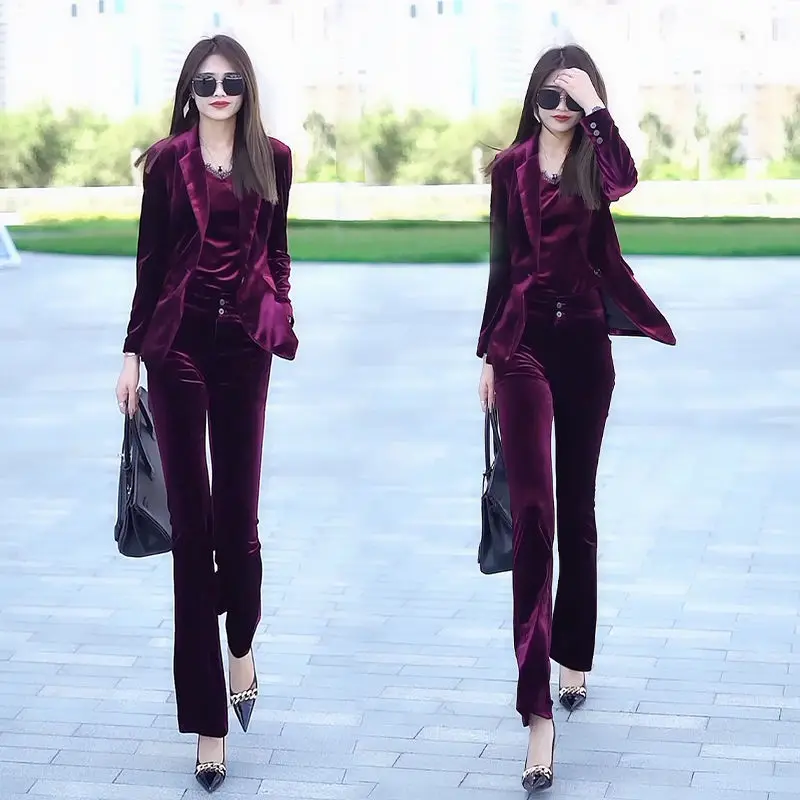 2023 Autumn Women's Suit Slim Fitting Gold Velvet Two-piece Show Thin Fashion Top Mature Commuter Coat Women's Wear