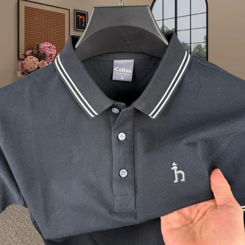 100% pure cotton high-end brand men's short sleeved polo shirt summer fashion striped deer head embroidery golf  casual T-shirt