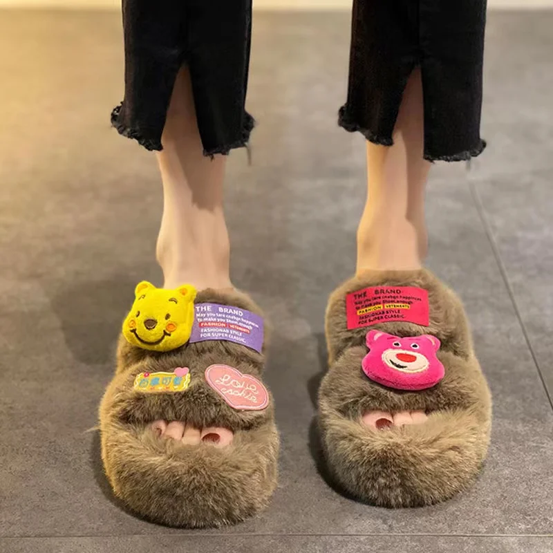 Strawberry Bear Lotso New Women's Fashion Cute Cartoon Wool Slippers Wear Winter Thick Bottom Home Cotton Slippers in Autumn