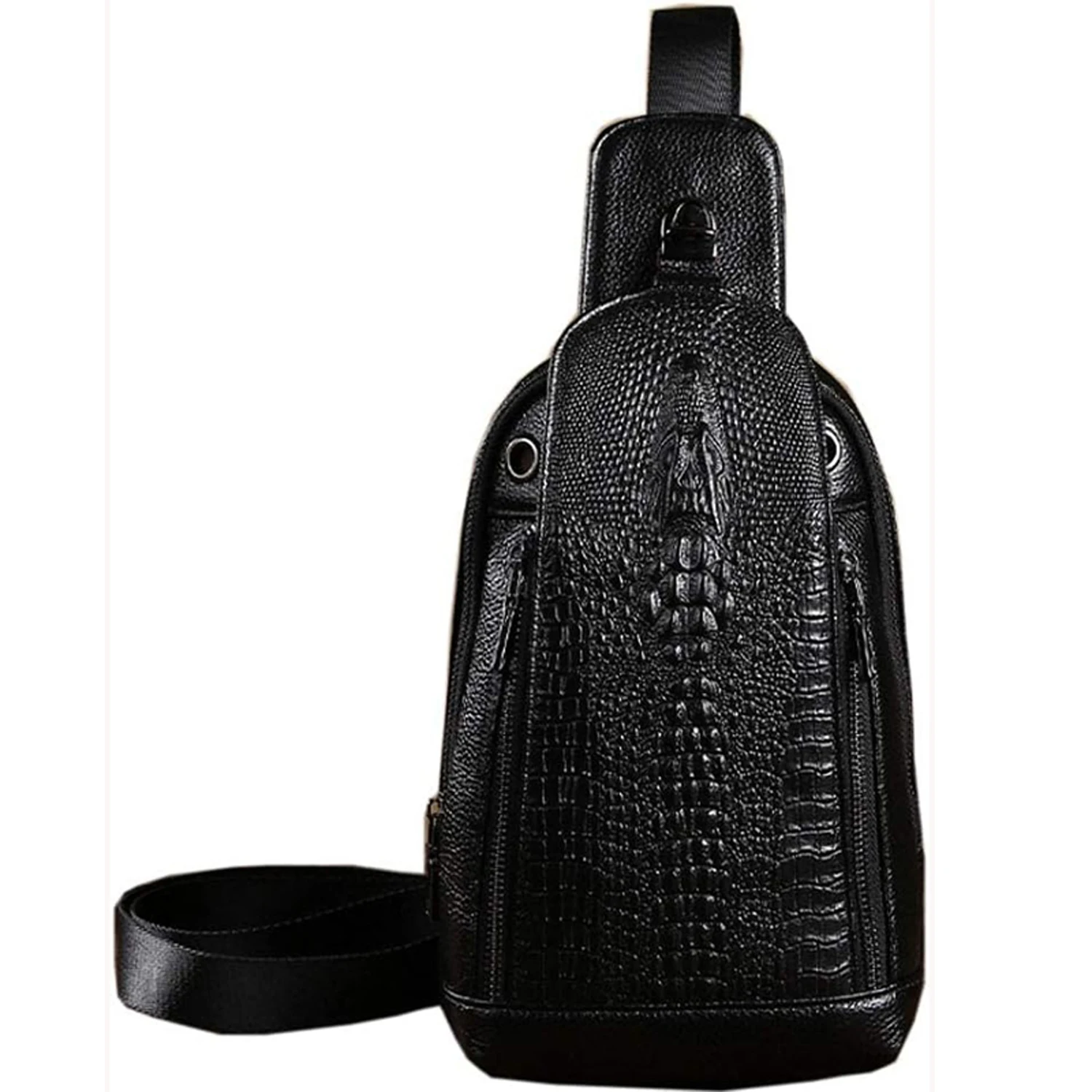 Genuine Leather Fashion Chest Bag with Crocodile Pattern, Unisex Business Bag for Work, Travel, Outdoor Hiking, Camping, Crossbody Shoulder Bag, Black