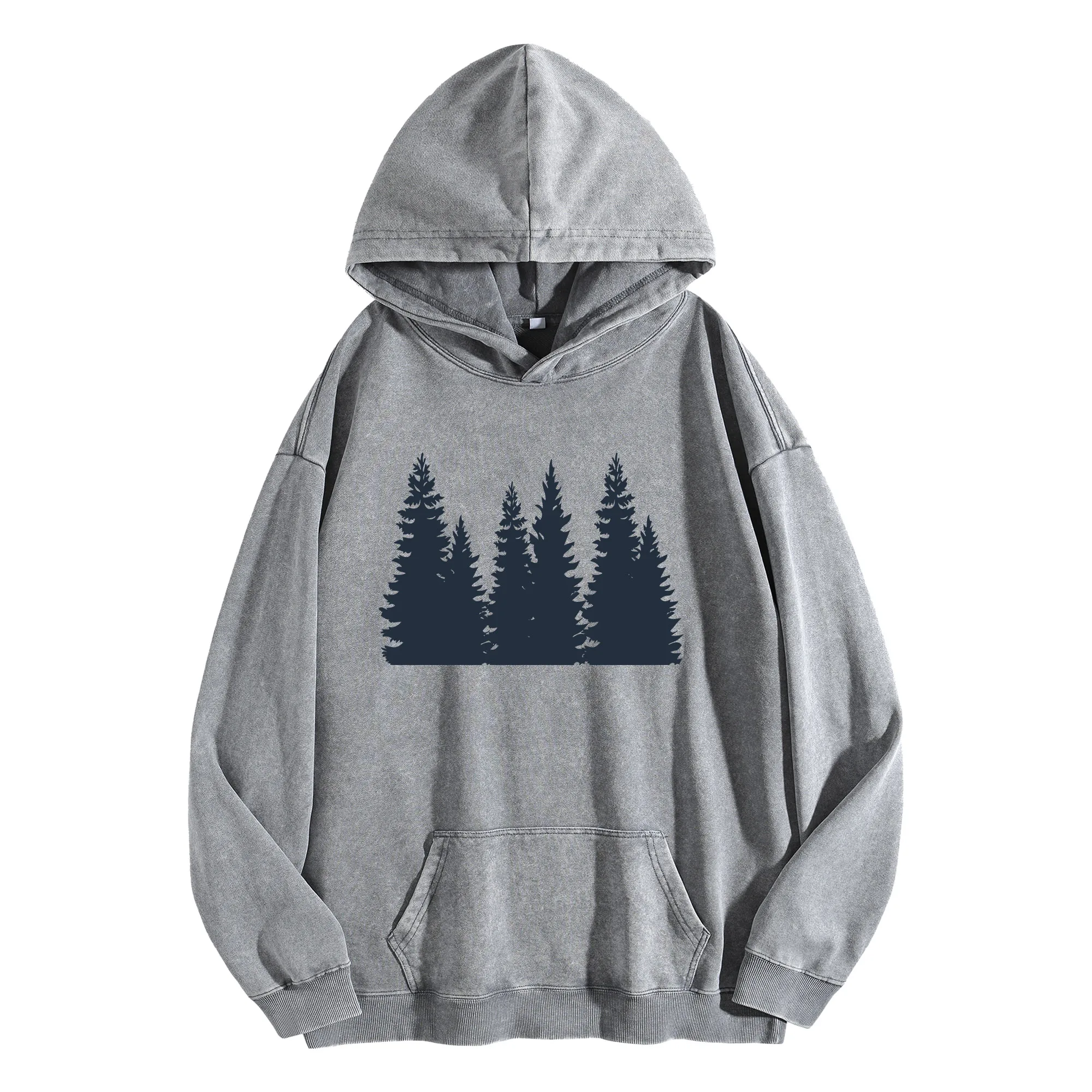 طباعة جرافيك الغابة 400G هوديي عتيق مغسول للجنسين بلوفر كبير الحجم ملابس الشارع مجموعة الخريف/الشتاء #1