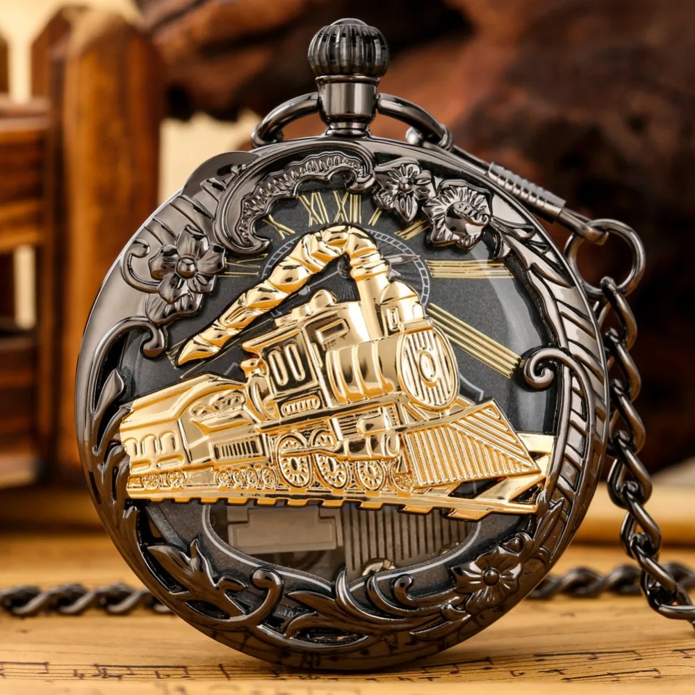 Creative Hand Crank Music Quartz Pocket Watch Fashion Steam Train Musical Movement Chain Clock New Year Gift For Men Women