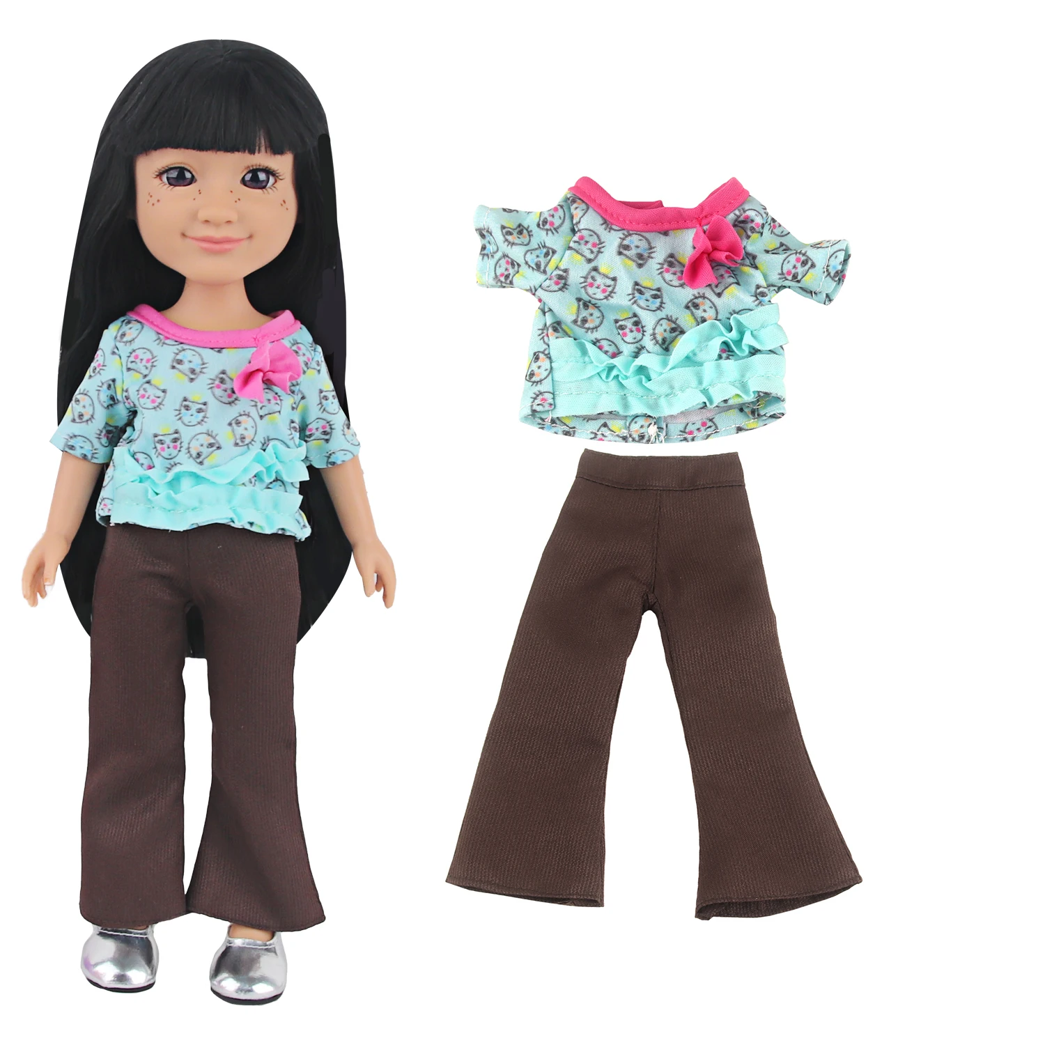 Cute Kitten Doll Clothes Set For 14 inches American dolls Flare pants+T-shirt Suit For 35cm Baby New Born Dolls Russia DIY Dolls