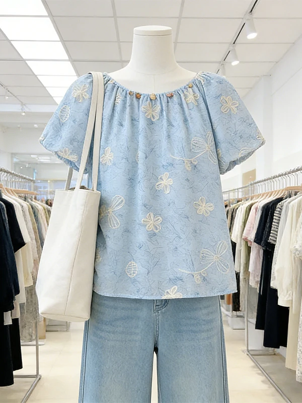 

Elegant Embroidered Shirt Women's Summer New Style Slimming Top Large Size Commute Korean Version Short Sleeve Pure Color