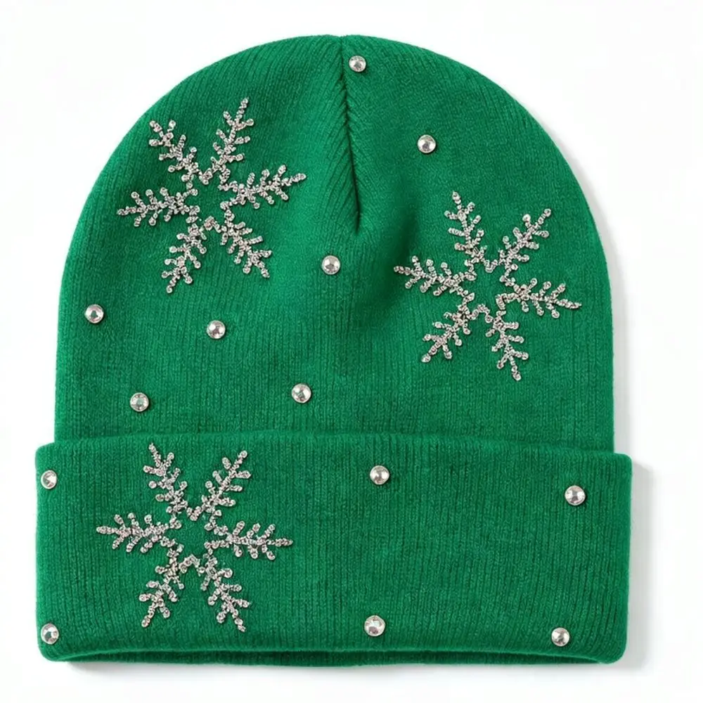 Winter Warm Knit Beanie Hat For Women Snowflake Rhinestone Decor Soft Stretchy Casual Outdoor Windproof Comfortable Cap