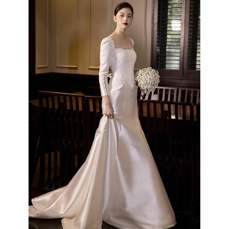 

Ele Satin Long Sve Square Collar Lightweight Wedding Dr New 2025 Gown for Marriage Certifie Ceremony Bridal Port...