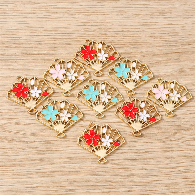 10 Stück 30 x 26 mm niedliche Emaille-Blumen-Fächer-Charms-Verbindungsanhänger für selbstgemachte Halsketten, Ohrringe, Schmuckherstellung, Zubehör – Detail 12