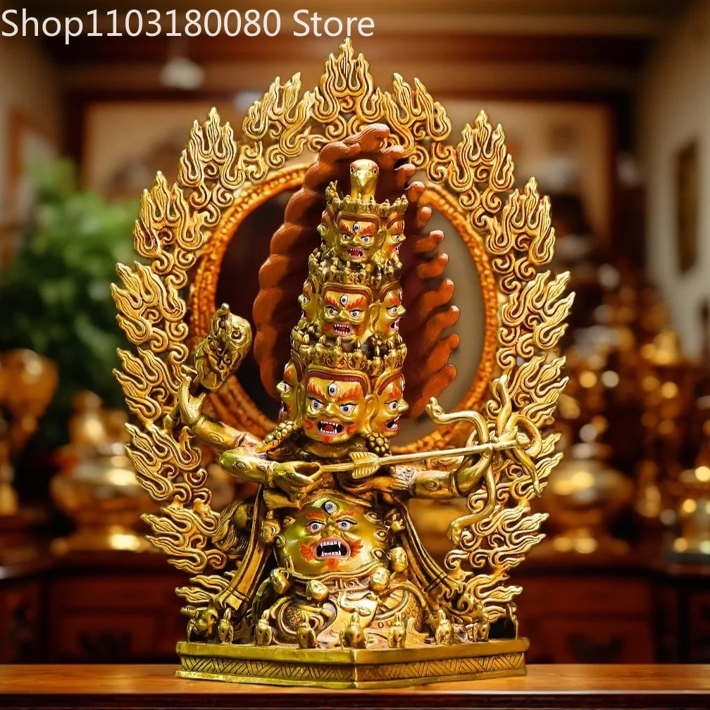 24cm Copper Gilded Carved Lahula Rahula Statue Painted Face Tibetan Protector Deity Sculpture Home Altar Decor