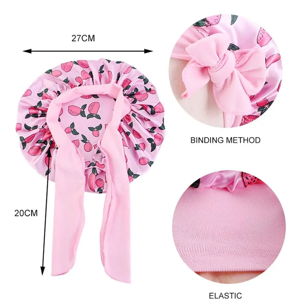 Kids Satin Bonnet Sleep Hat Silk Shower Cap for Child Hair Beanie At Night Boy Girls Flower Printed Silk Sleep Cap with Band Bow