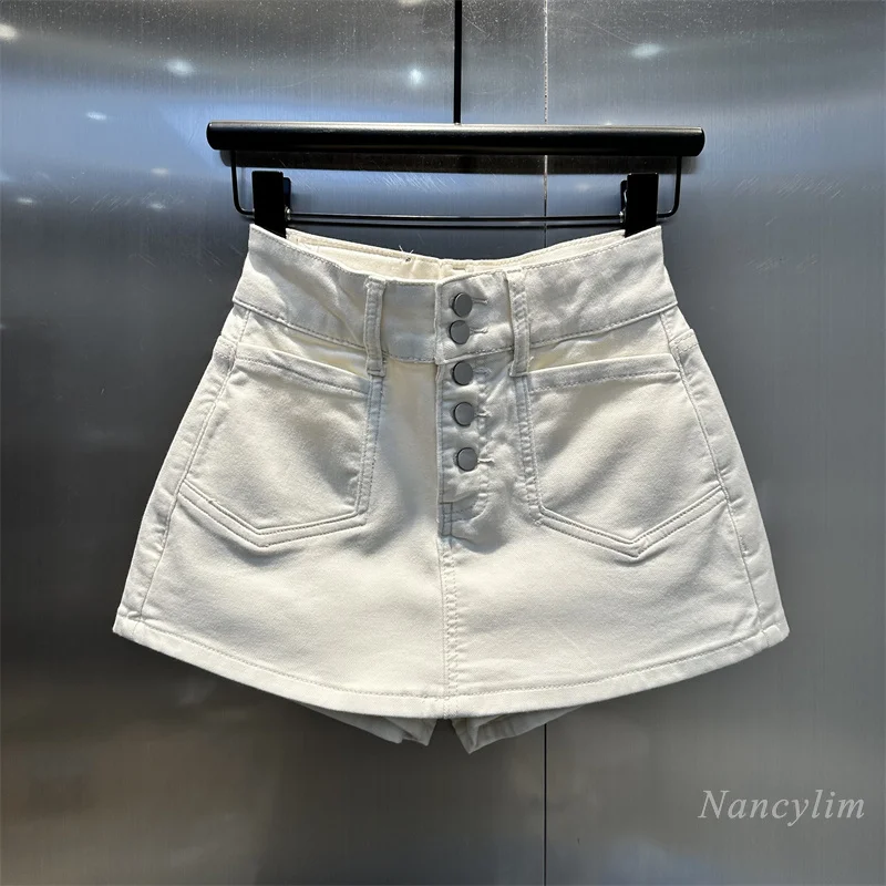 

European Style Hot Girl Front Row Buttons Fake Two-Piece Design Washed White Denim Culotte for Women Spring and Summer Shorts