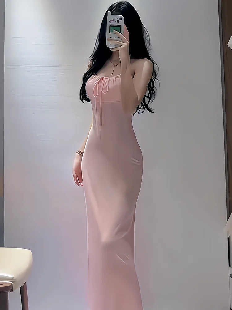 

Pure Desire Sweet Spicy Pink Halter Neck Dress Women's Summer Sexy Backless Waist-Cinching Long Dress Korean Style Commute