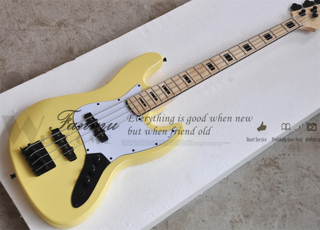 

4 String Bass Guitar Jaz Yellow Milk Bass Maple Fingerboard Fixed Bridge White Pickguard Black Tuners