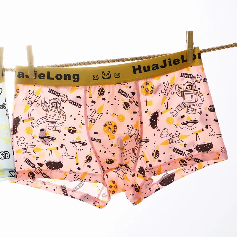 Mens Boxers Cartoon Printed Underwear Mid-Waist U Convex Pouch Panties Thin Breathable Panties Translucent Skinny Underpants