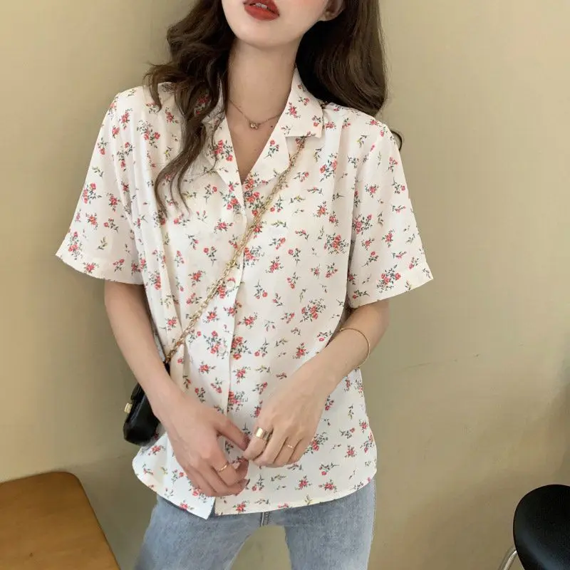 Summer Woman Clothes HongKong Retro Style Floral Printing Loose Fashion Thin Ins Chiffon Wild Youth Lively Bright Polo-neck Easy