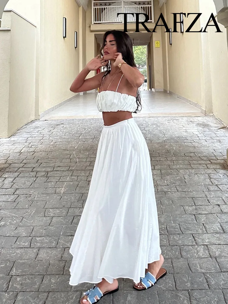 TRAFZA Women Summer Sleeveless Strapless Ruffle Cropped Tank Top+Pleated Zipper Waist Long Skirt 2024 Elegant 2 Piece Set TRAF