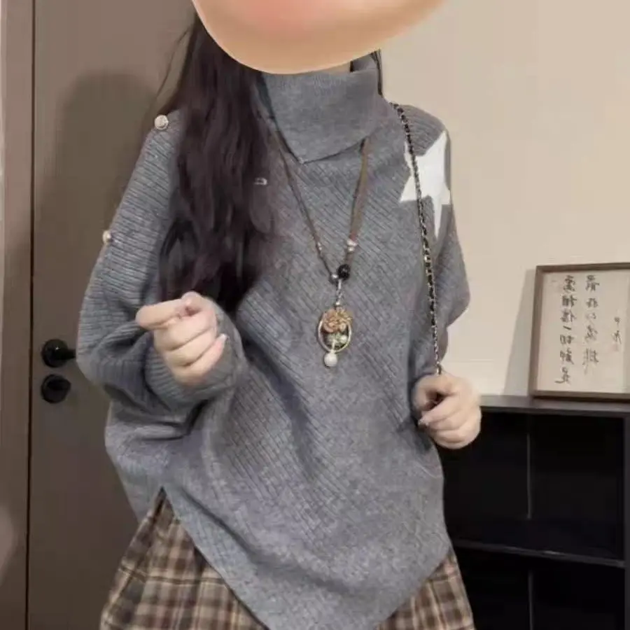 Spicy Girl – pull tricoté à col haut et chauve-souris pour femme, haut coréen, Design irrégulier, début d'automne, Y2K