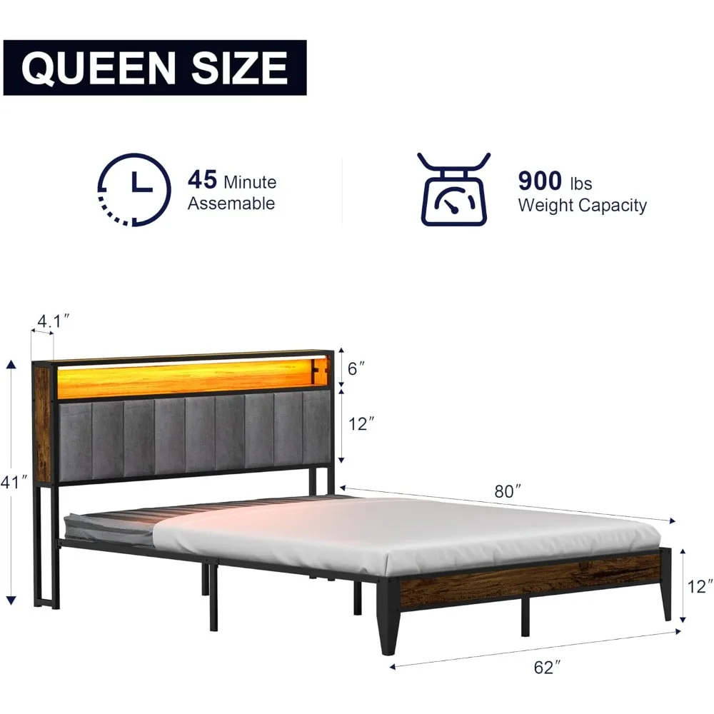 Queen Bed Frame, Metal Platform with Storage & LED Light Headboard and 1 Type C & 2 USB Charging Station, No Box Spring Needed