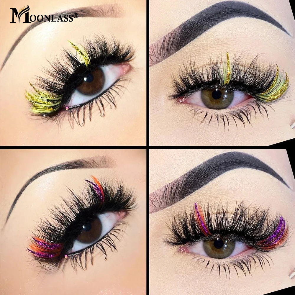 18-20mm Pink Blue Red White Glitter Colored Mink Lashes For Party Fluffy Soft Colorful Cilias Handmade False Eyelashes With Tray