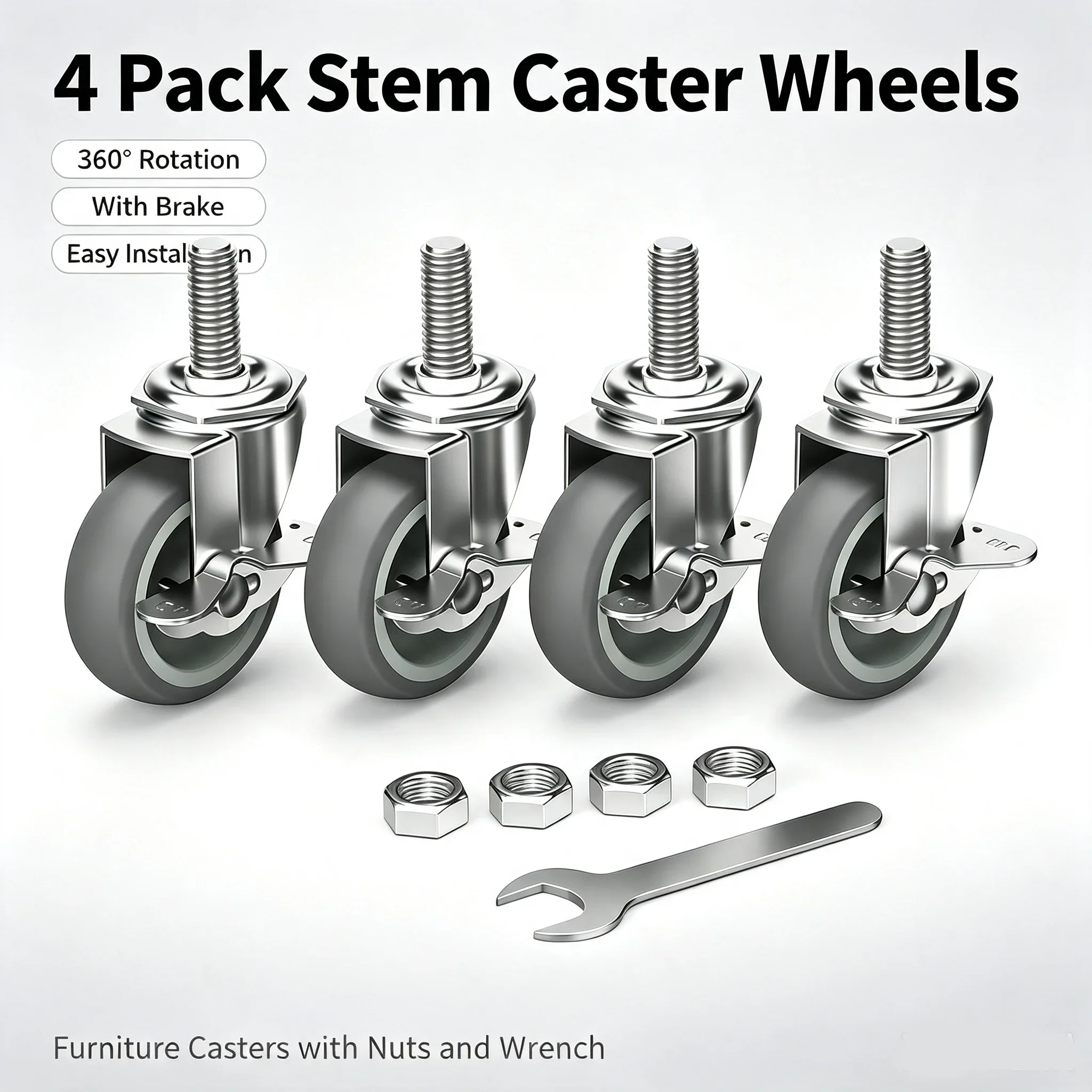For Funiture, Workbench 3 Inch Heavy Duty Casters Threaded Stem Casters No Noise Swivel Casters Set of 4 Locking Castor Wheels